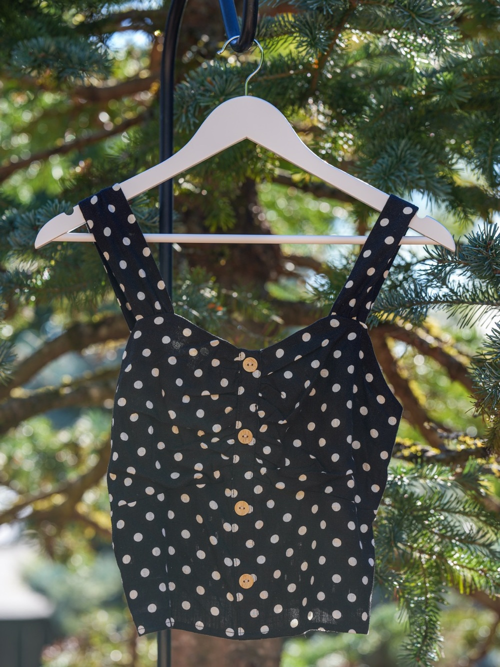 Monteau Black Polka Dot Linen Blend Ruched Button Tank NWT Large